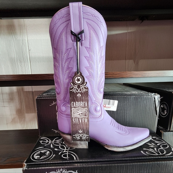 LIBERTY BLACK Lavender Leather Cowboy Boots Size 7 Caborca Silver Missouri Line - Picture 3 of 8